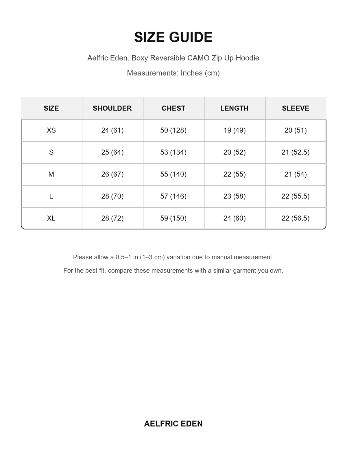 Aelfric Eden 37 size guide — Inches (cm)
