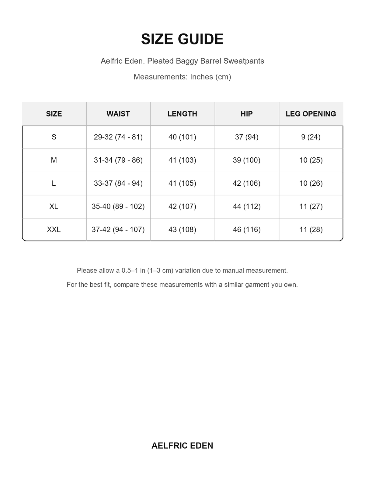 Aelfric Eden 47 size guide — Inches (cm)