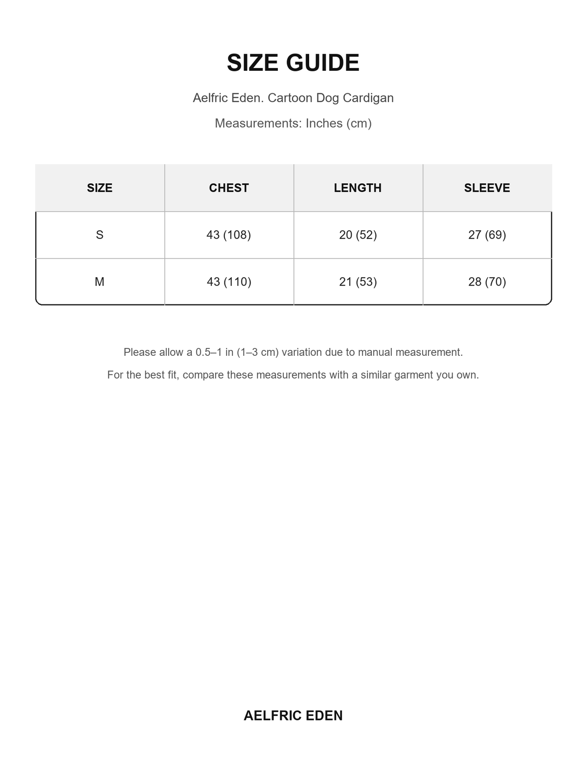 Aelfric Eden 88 size guide — Inches (cm)