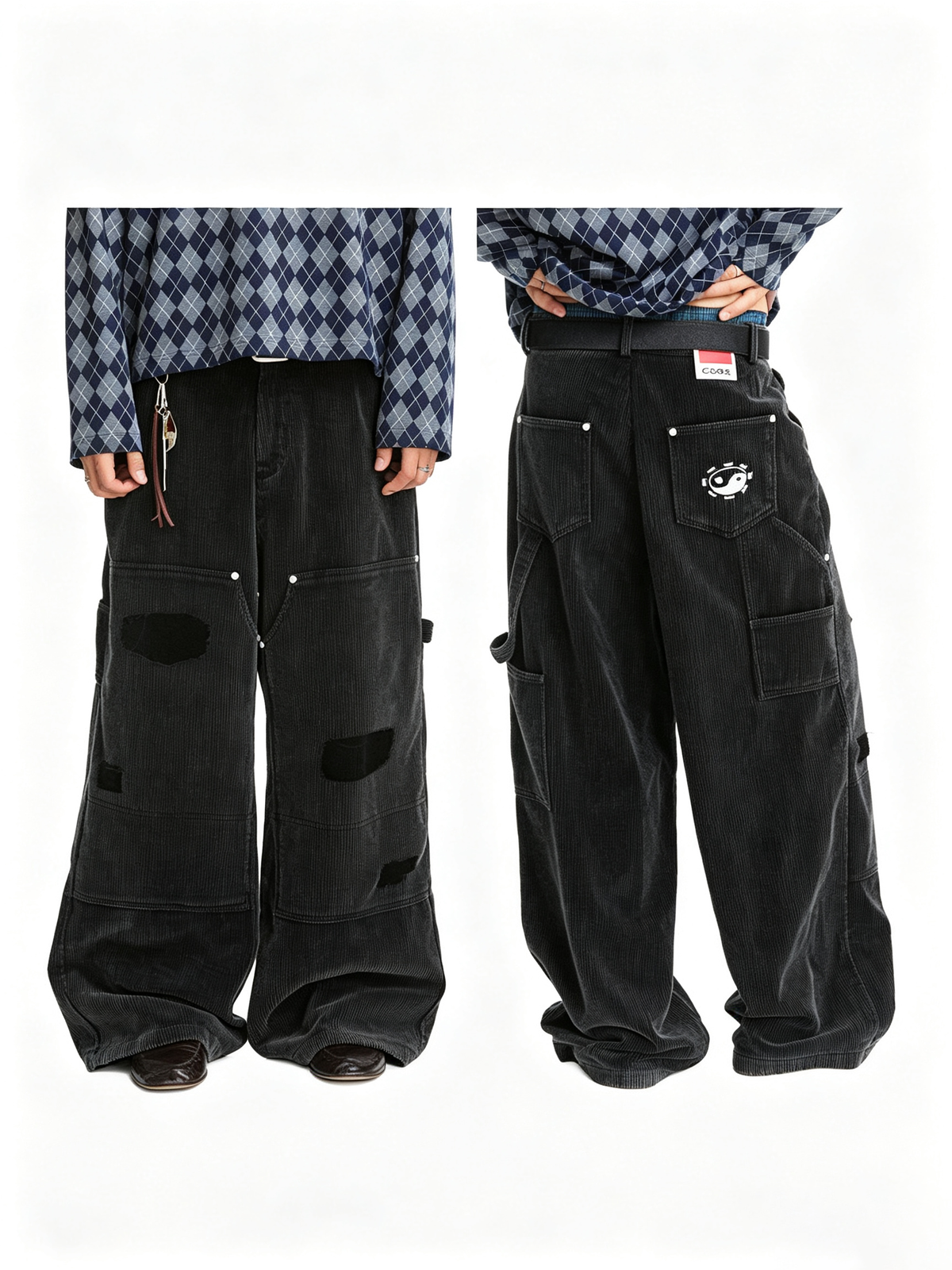 Ace Jolun Corduroy Gem‑Studded Ripped Washed‑Distressed Lumber Workwear Casual Pants
