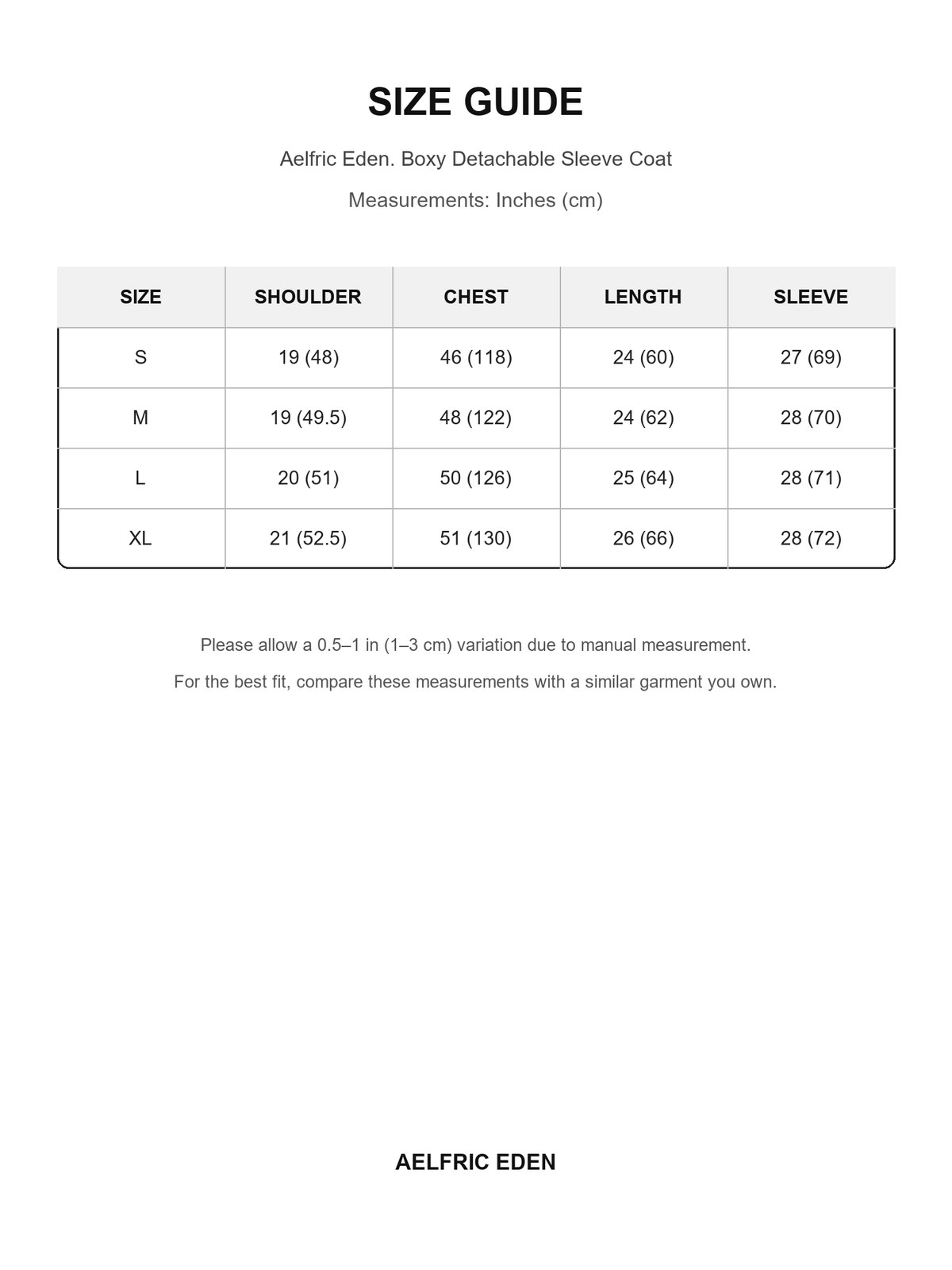 Aelfric Eden 1 size guide — Inches (cm)