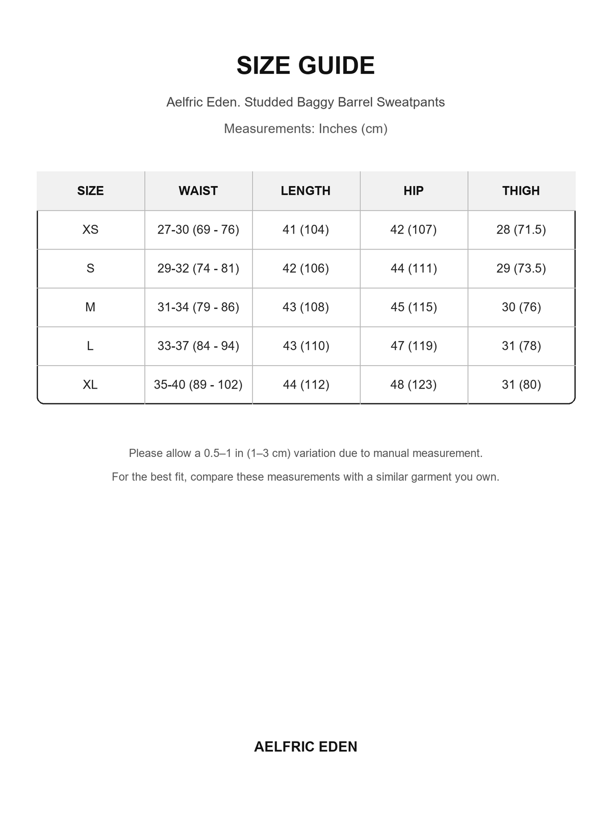 Aelfric Eden 6 size guide — Inches (cm)