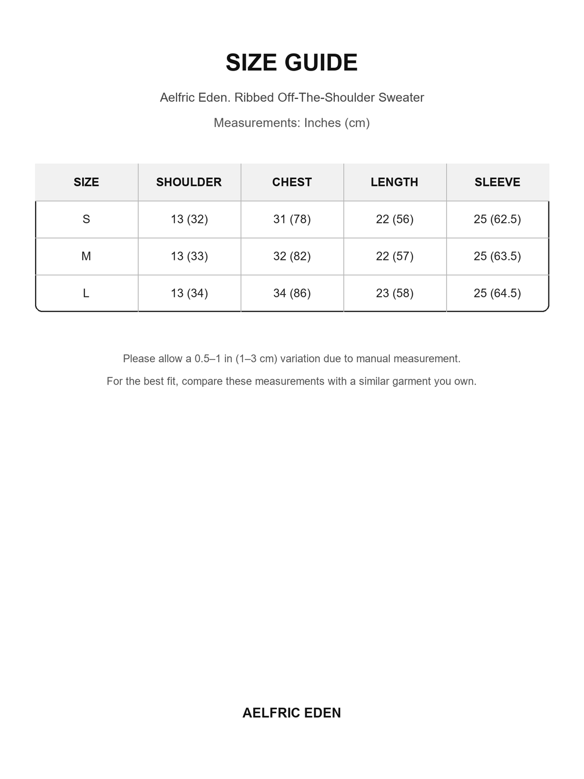 Aelfric Eden 13 size guide — Inches (cm)