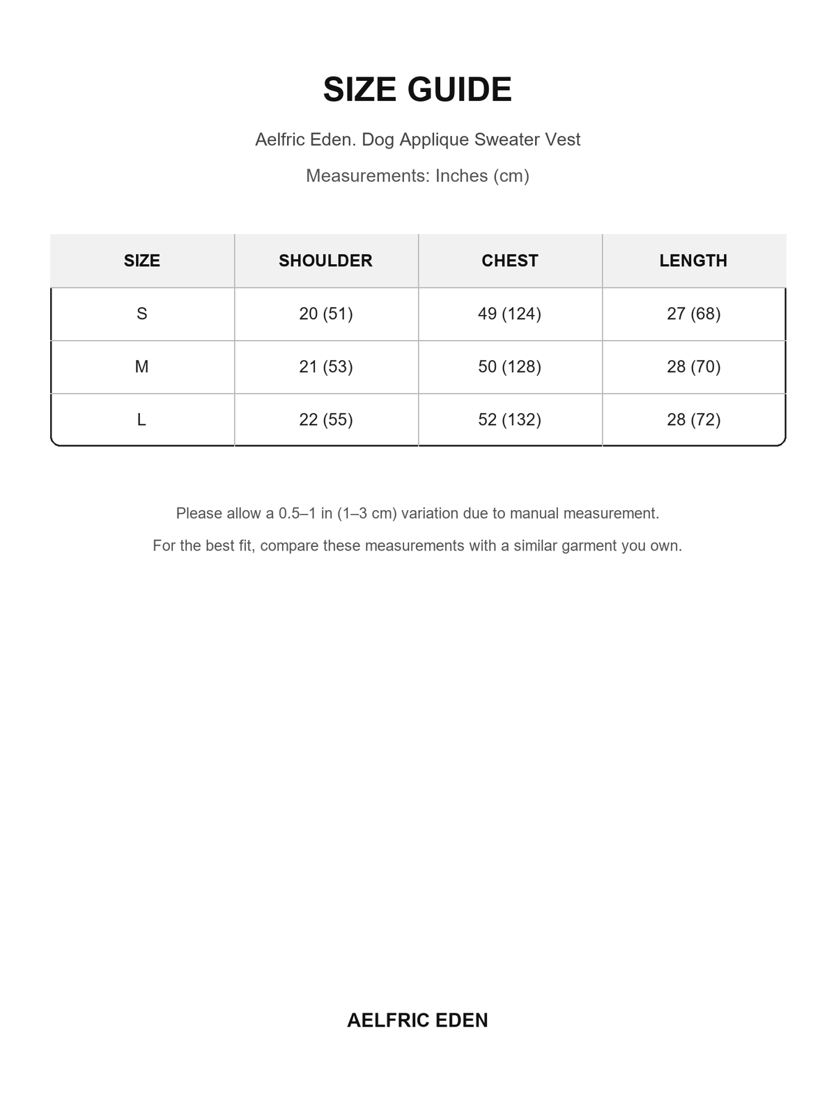 Aelfric Eden 14 size guide — Inches (cm)