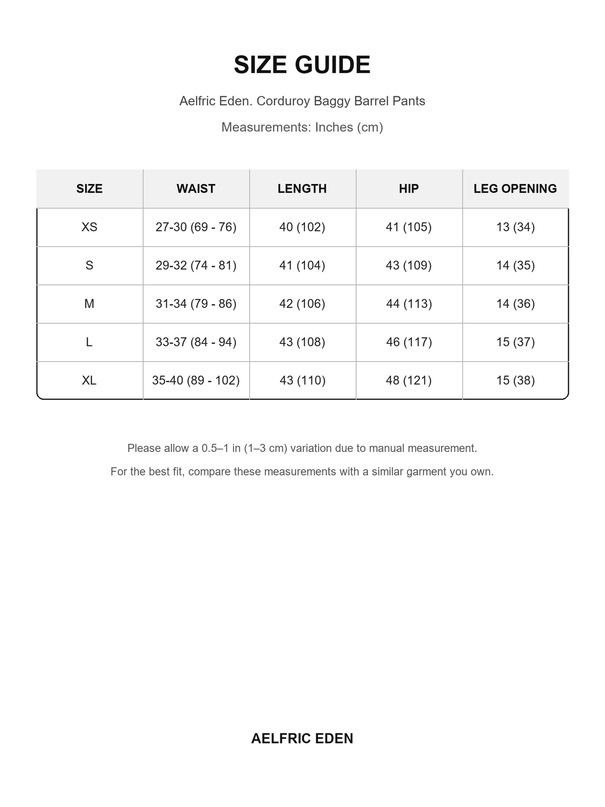 Aelfric Eden 16 size guide — Inches (cm)