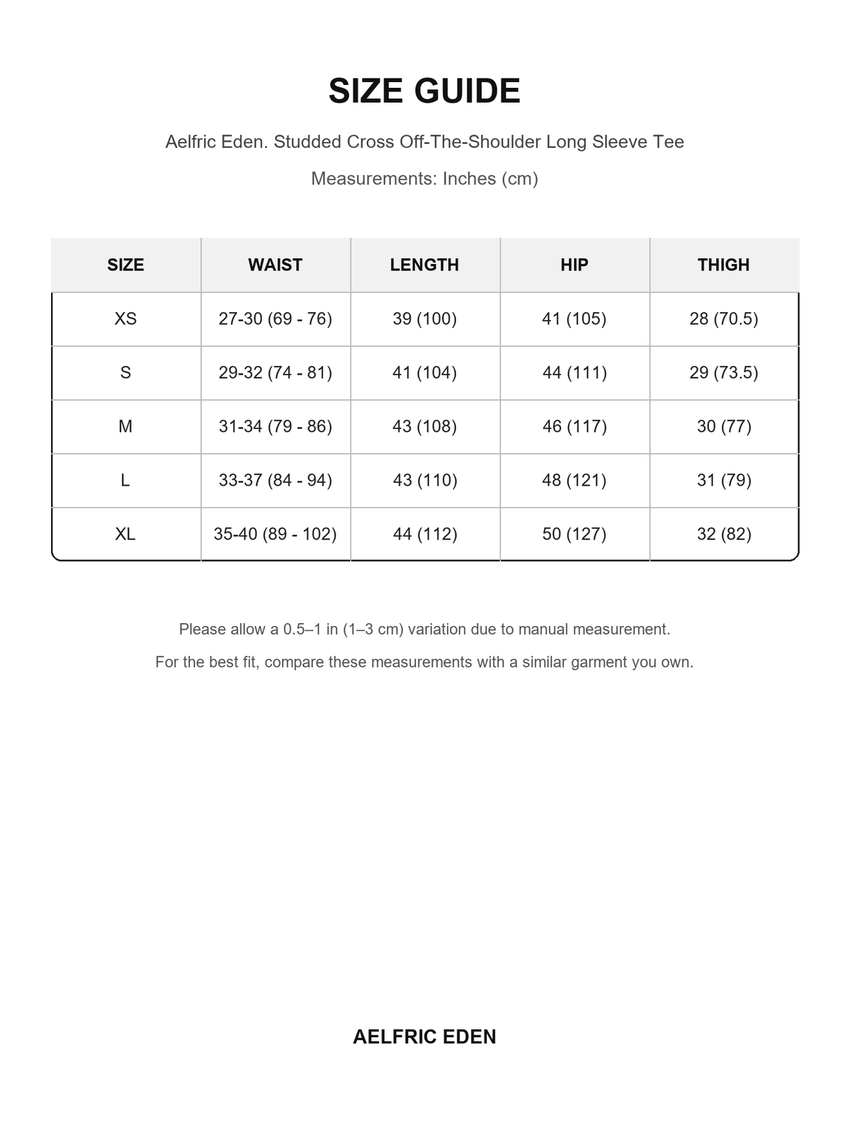 Aelfric Eden 18 size guide — Inches (cm)
