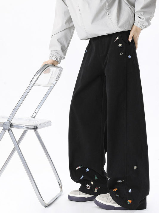 Ace Jolun Street‑Brand Cartoon‑Embroidered Curved‑Cut Cargo Pants