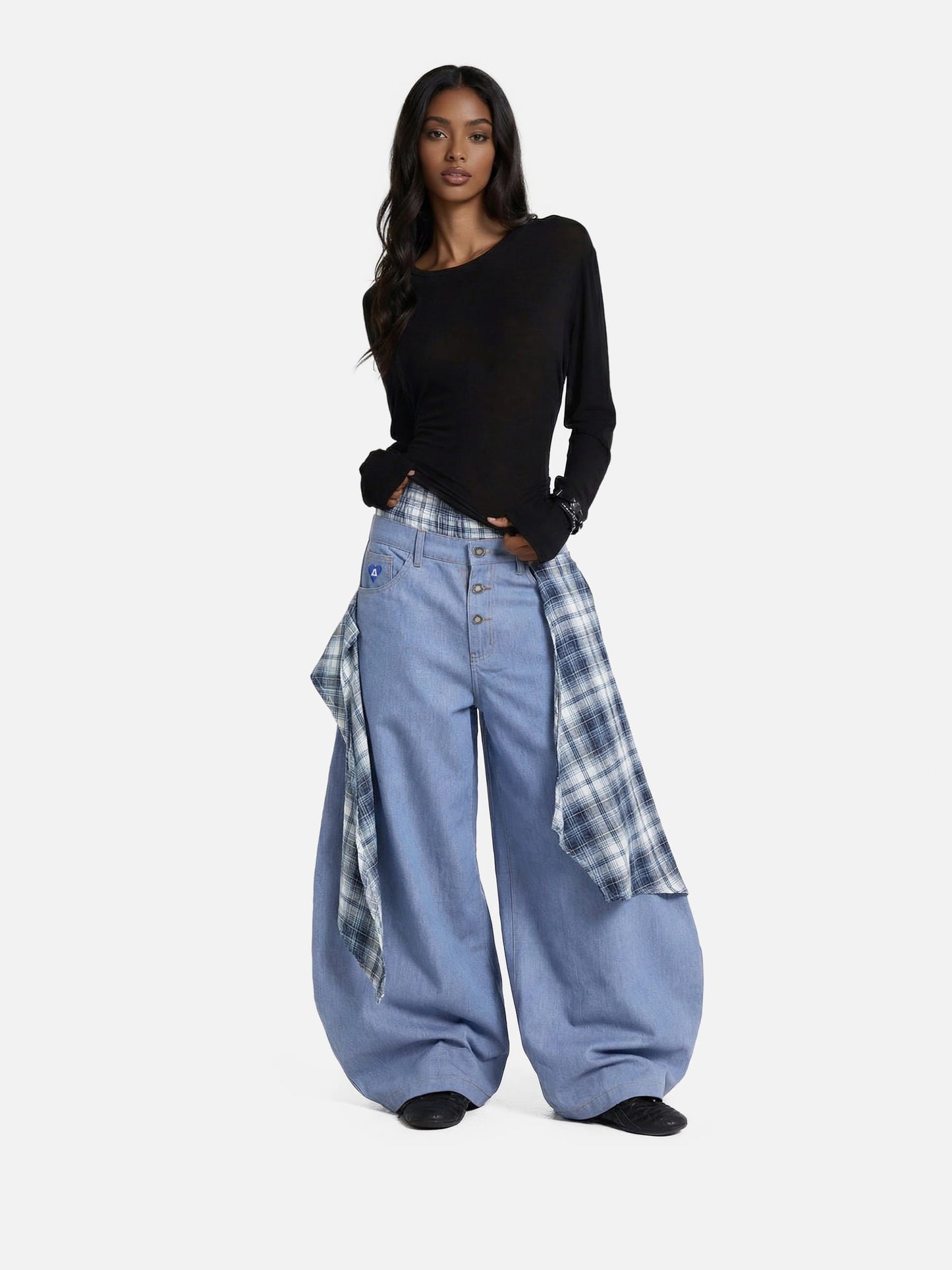Jeans holgados de corte recto con estampado a cuadros de doble cintura Aelfric Eden
