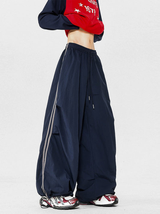 Ace Jolun Cargo‑Style Navy Striped Spliced Wide‑Leg Pants
