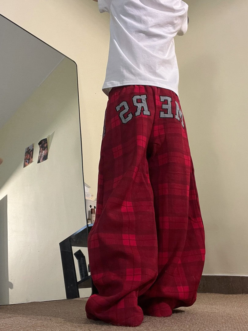 Ace Jolun Embroidered‑Patch Plaid Wide‑Leg Pants