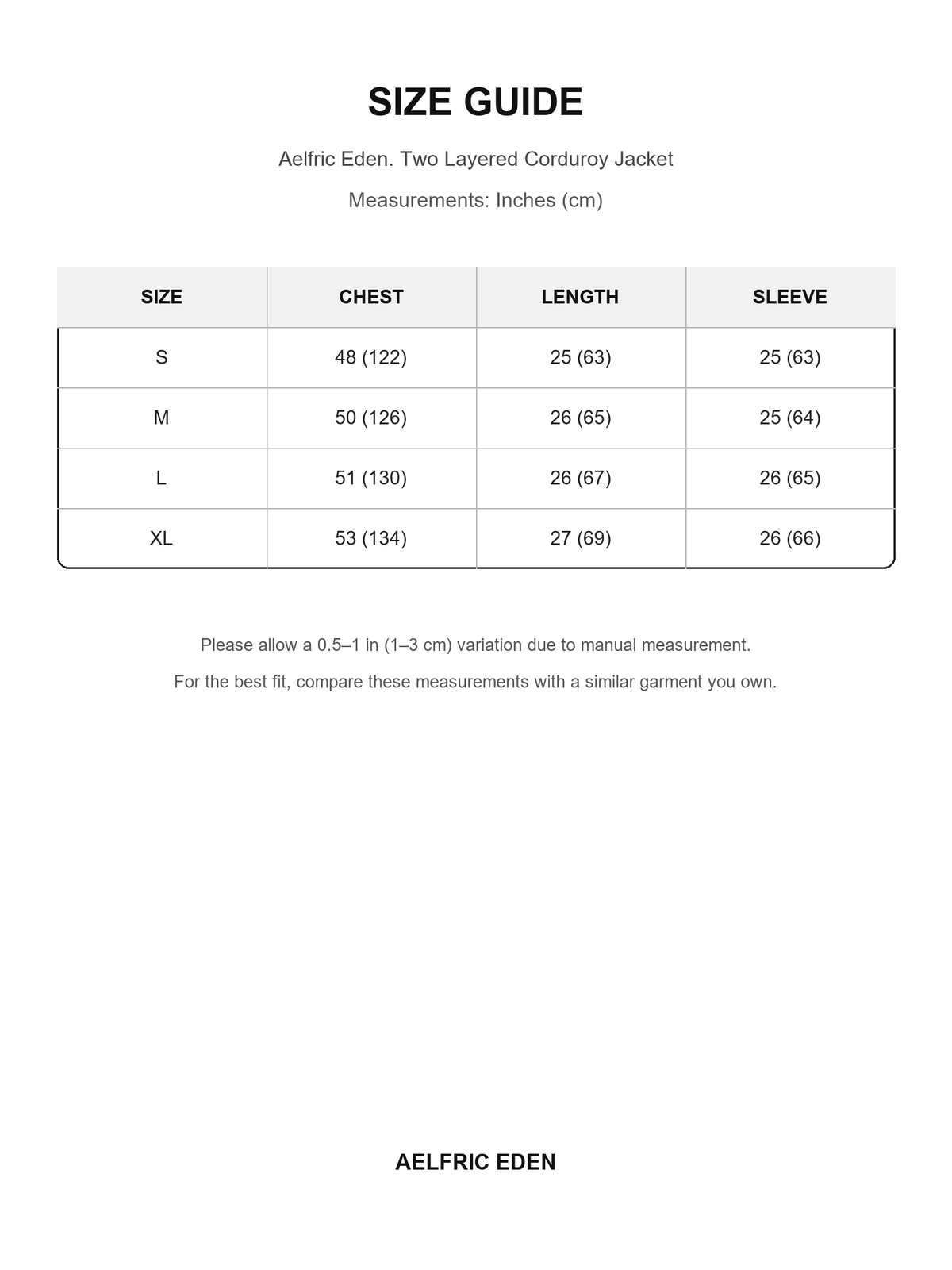Aelfric Eden 25 size guide — Inches (cm)