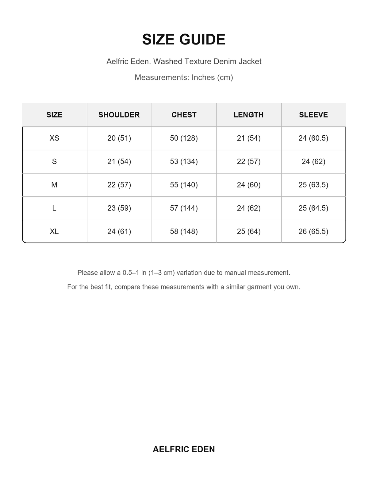 Aelfric Eden 27 size guide — Inches (cm)