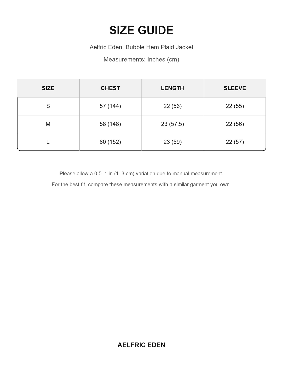 Aelfric Eden 28 size guide — Inches (cm)