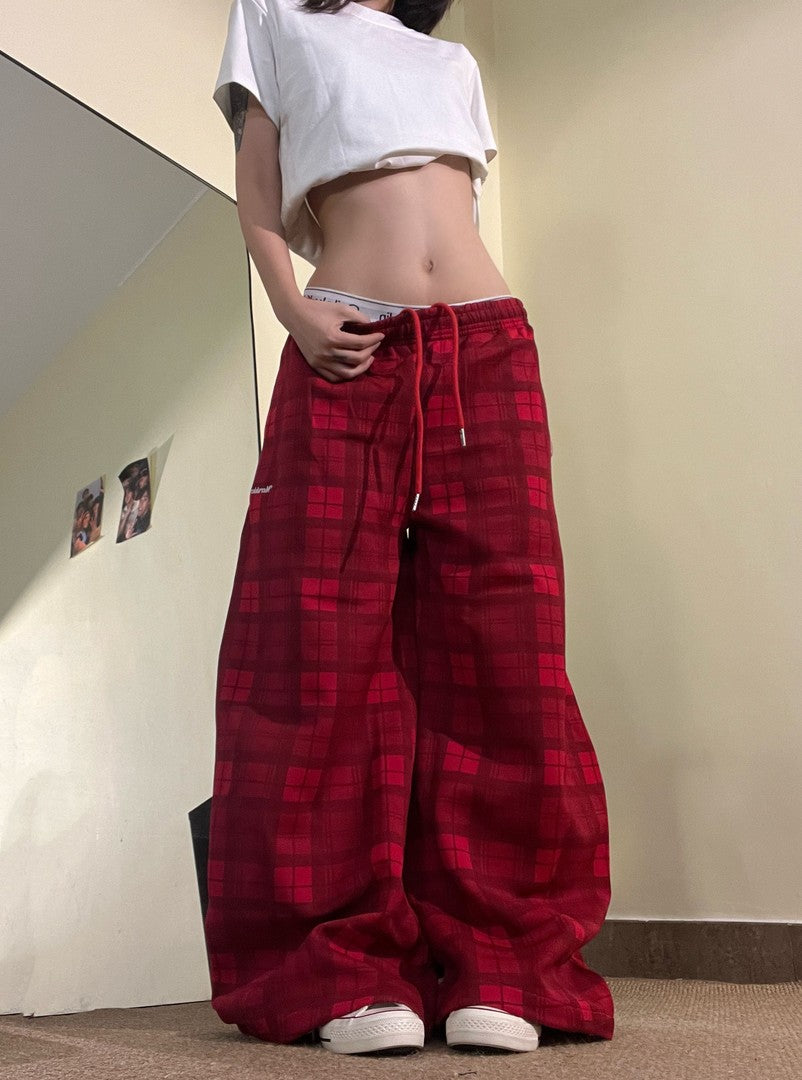 Ace Jolun Embroidered‑Patch Plaid Wide‑Leg Pants