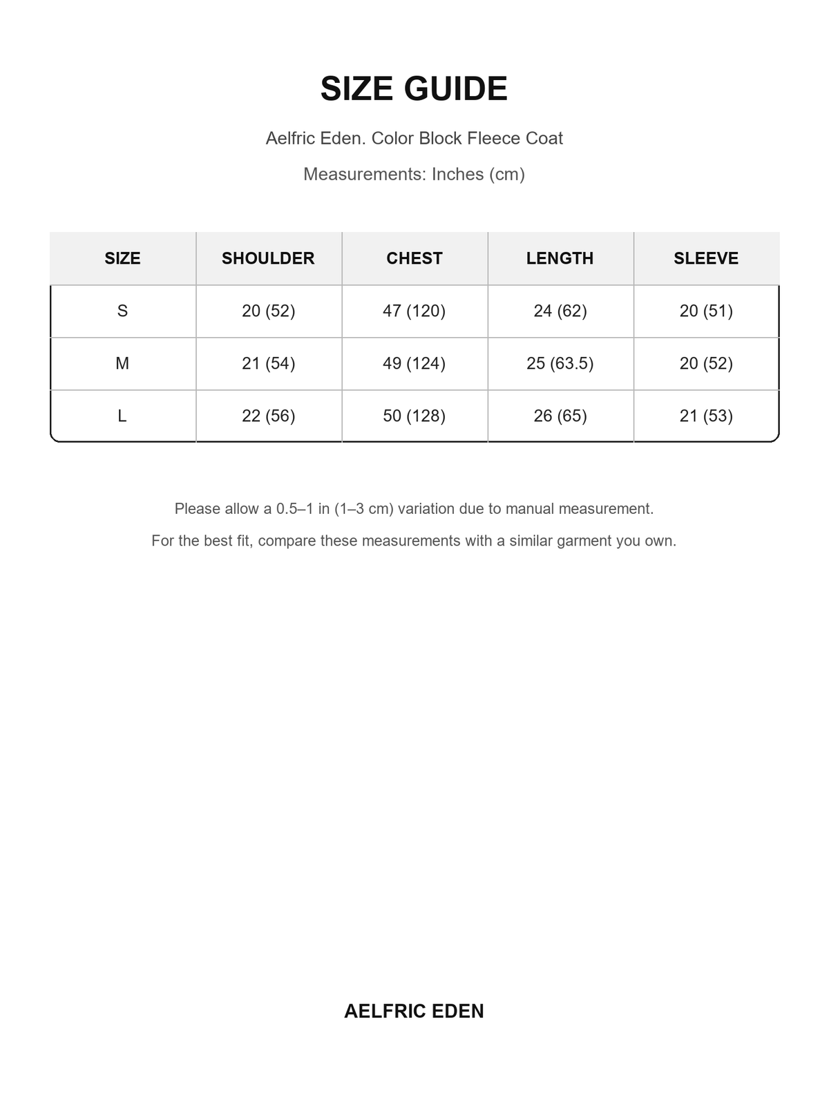 Aelfric Eden 32 size guide — Inches (cm)
