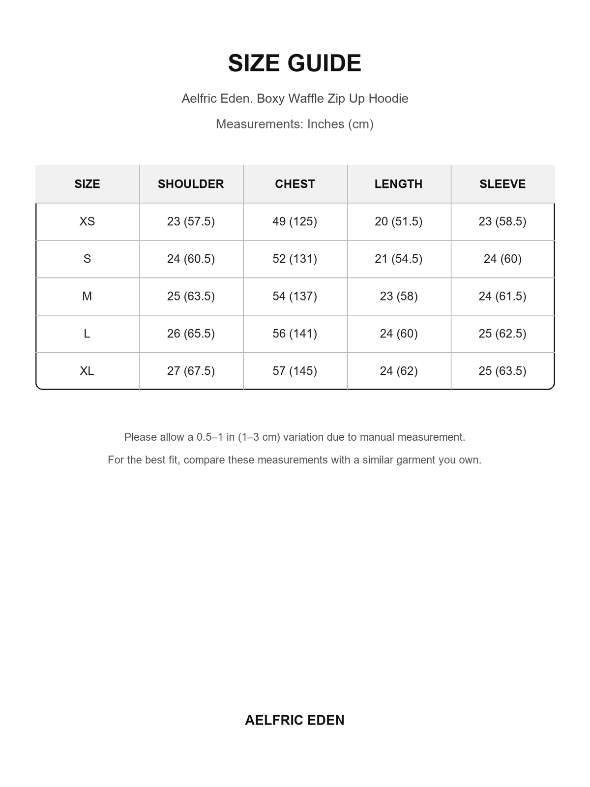 Aelfric Eden 35 size guide — Inches (cm)