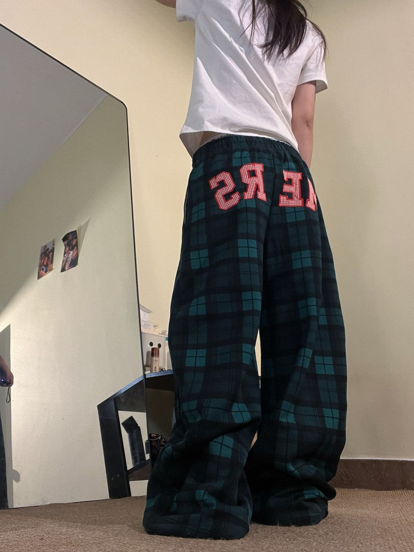 Ace Jolun Embroidered‑Patch Plaid Wide‑Leg Pants
