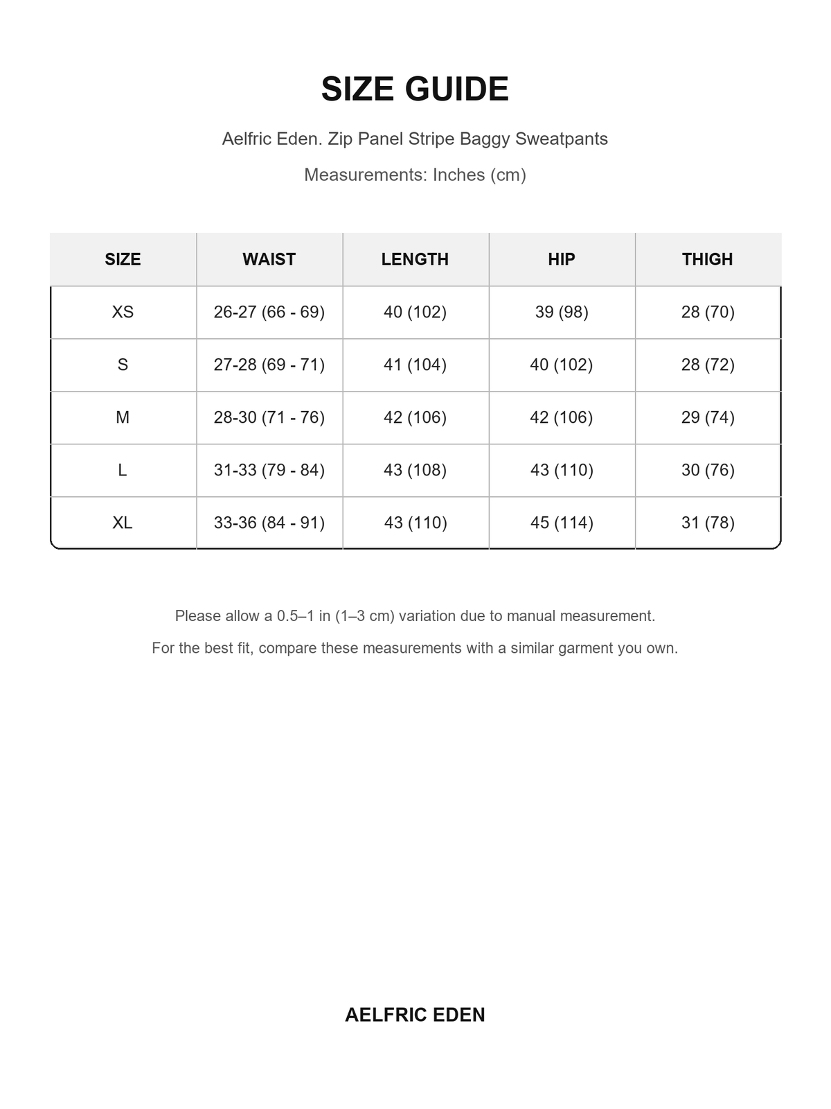 Aelfric Eden 49 size guide — Inches (cm)