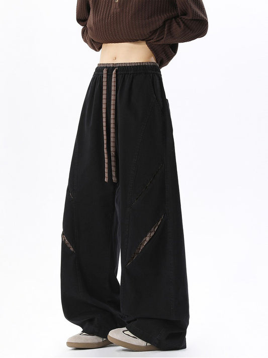 Ace Jolun Plaid Color‑Block Spliced Slim‑Fit Curved‑Cut Wide‑Leg Pants