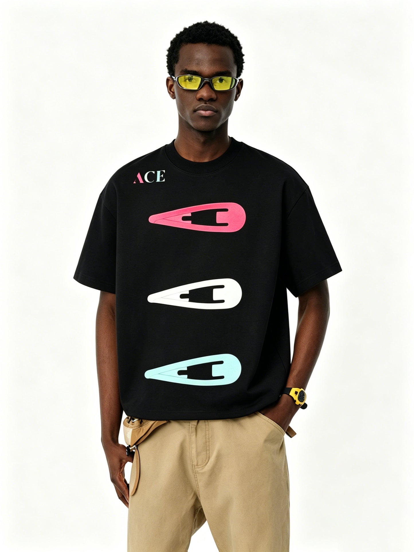 ACE Multicolor Hair Clip 3D Puff Print Oversize Unisex Cotton Tee
