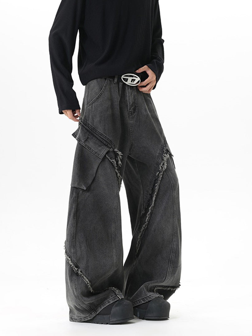 Ace Jolun Washed‑Finish Raw‑Edge Curved‑Cut Silhouette Jeans