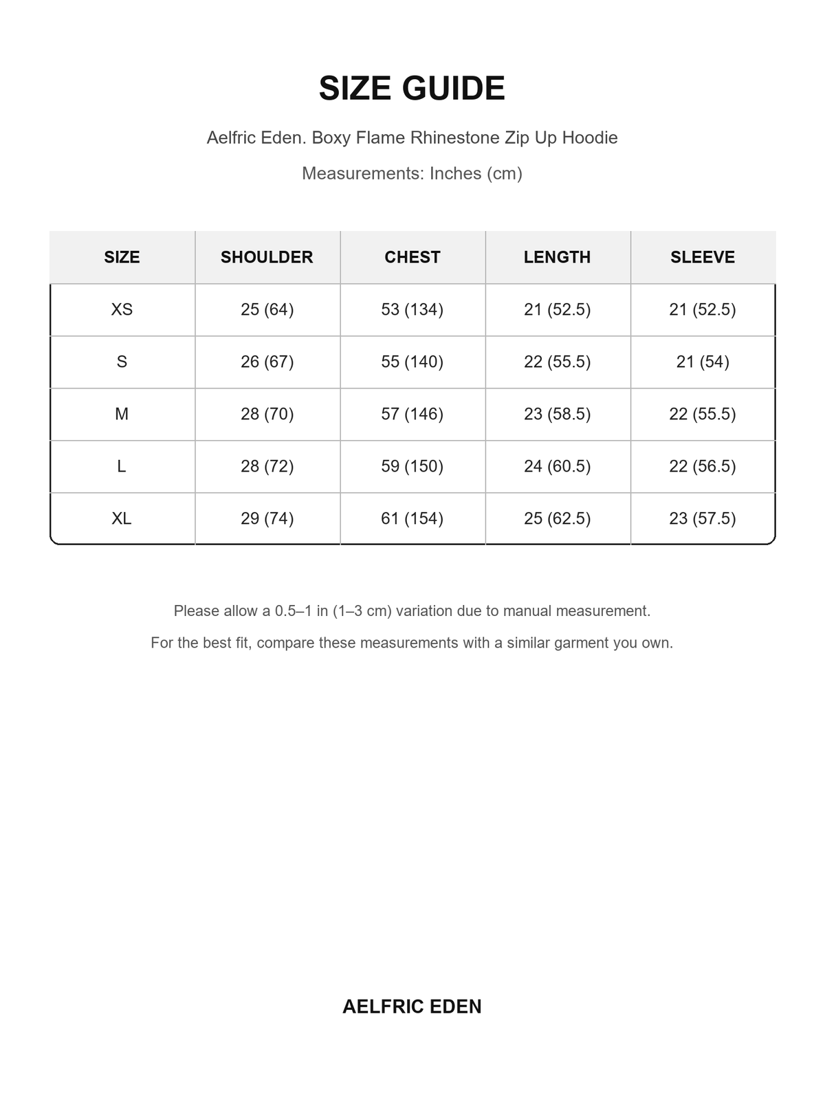 Aelfric Eden 63 size guide — Inches (cm)