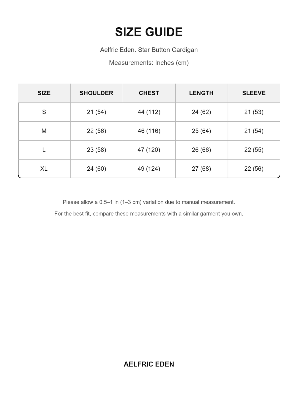Aelfric Eden 65 size guide — Inches (cm)