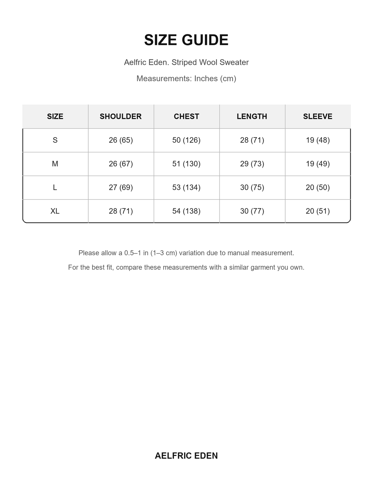 Aelfric Eden 76 size guide — Inches (cm)