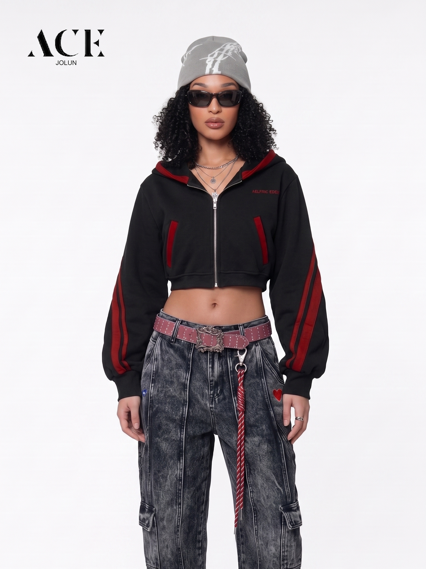 Kierra Cropped Contrast Stripe Zip Up Hoodie