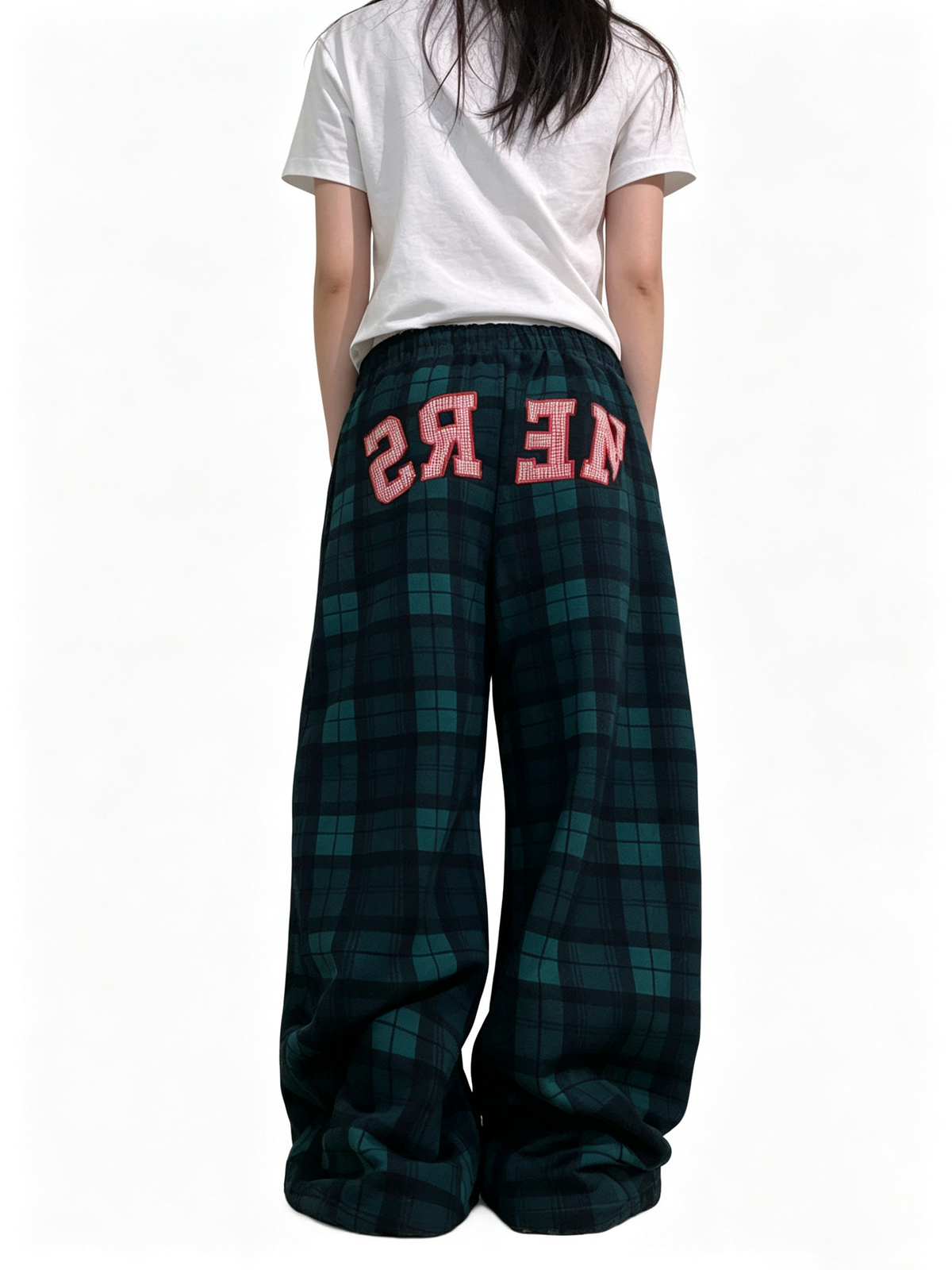 Ace Jolun Embroidered‑Patch Plaid Wide‑Leg Pants