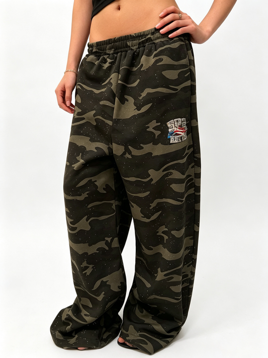 Ace Jolun Rhinestone‑Embellished Camo Wide‑Leg Casual Pants