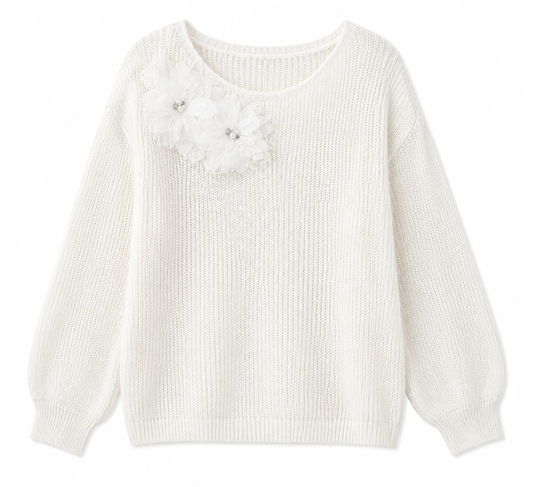 Women’s White Floral Appliqué Knit Sweater – Soft Long Sleeve Pullover Top