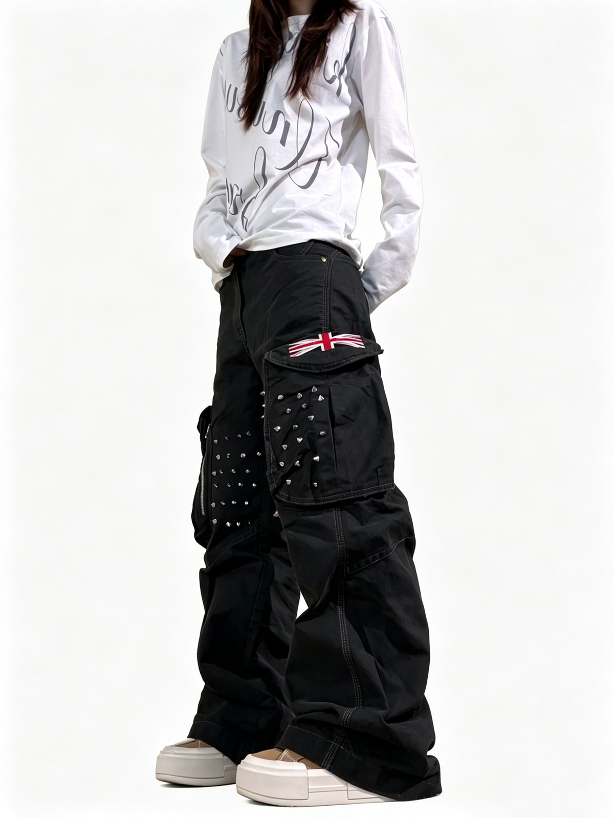 Ace Jolun Spike‑Rivet Barrel‑Leg Cargo Pants