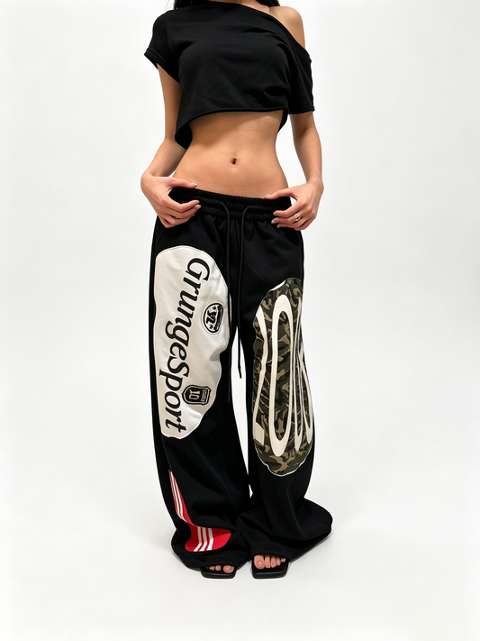 Ace Jolun Deconstructed Camo‑Appliqué Curved‑Silhouette Casual Pants
