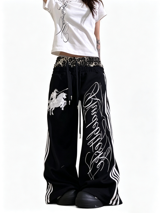 Ace Jolun Leopard‑Print Spliced Double‑Waist Hip‑Hop Embroidered Straight‑Leg Sweatpants