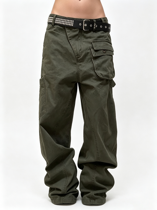 Ace Jolun Vintage Enzyme‑Washed Multi‑Pocket Offset‑Placket Cargo Pants