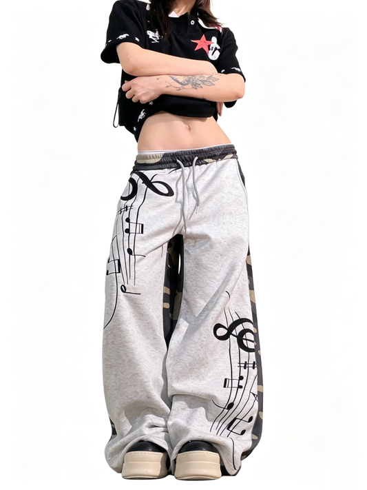 Ace Jolun Musical‑Note‑Embroidered Spliced Camouflage Sweatpants