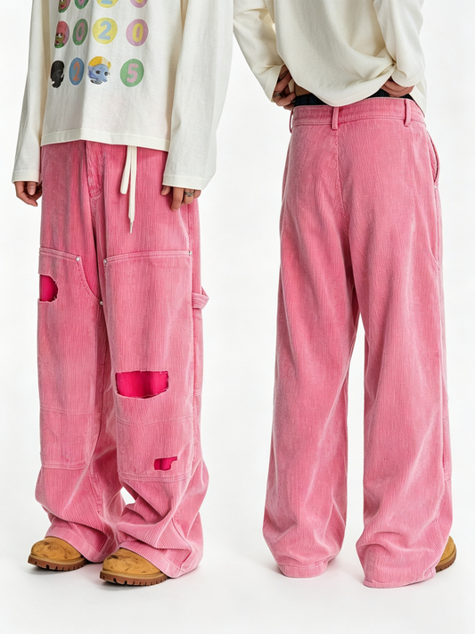 Ace Jolun Corduroy Gem‑Studded Ripped Washed‑Distressed Lumber Workwear Casual Pants