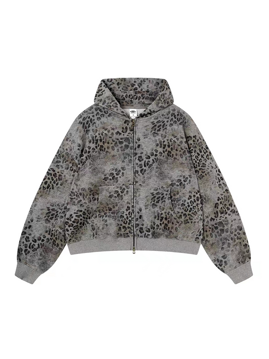 Washed Leopard Zip Up Hoodie