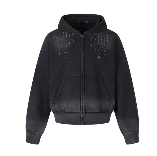 Eyelet Washed Zip Up Hoodie