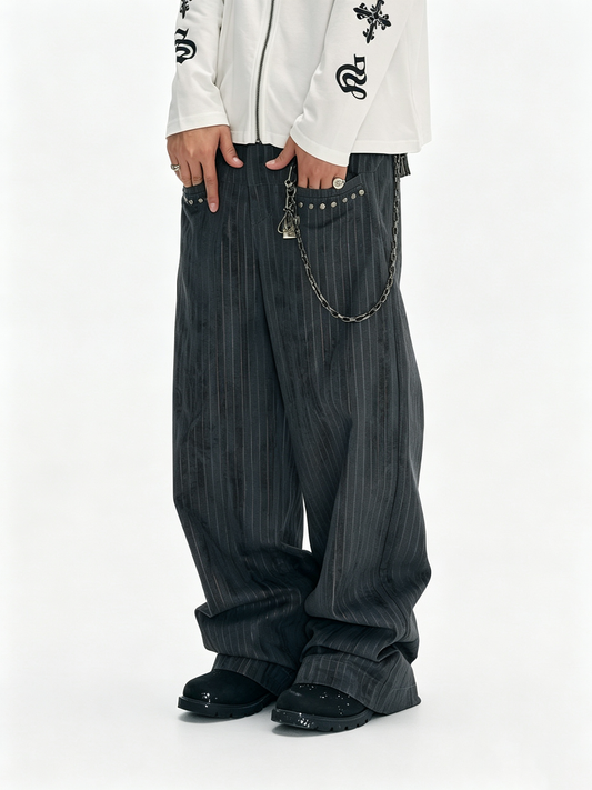 Ace Jolun Rivet‑Decorated Distressed Metal Vertical‑Stripe Casual Pants