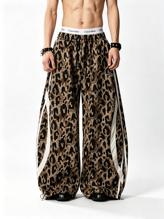 Ace Jolun【New Arrival】Alternative‑Style Leopard‑Print Faux‑Leather Line‑Detail Barrel‑Cut Pants