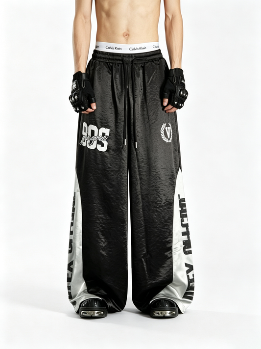 Ace Jolun Draped Spliced Color‑Block Printed Elastic‑Waist Wide‑Leg Pants