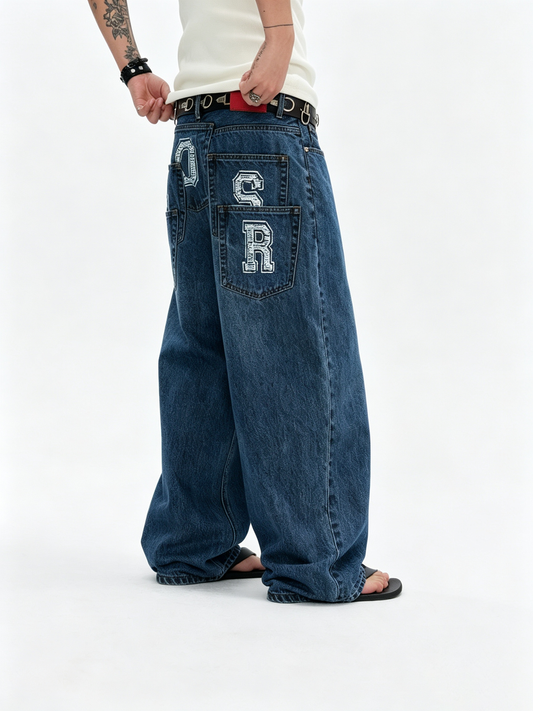 Ace Jolun Vintage‑Styled Multi‑Pocket Printed Straight‑Leg Jeans