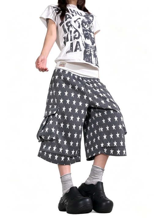 Ace Jolun All‑Over Star‑Print Casual Multi‑Pocket Capri Pants