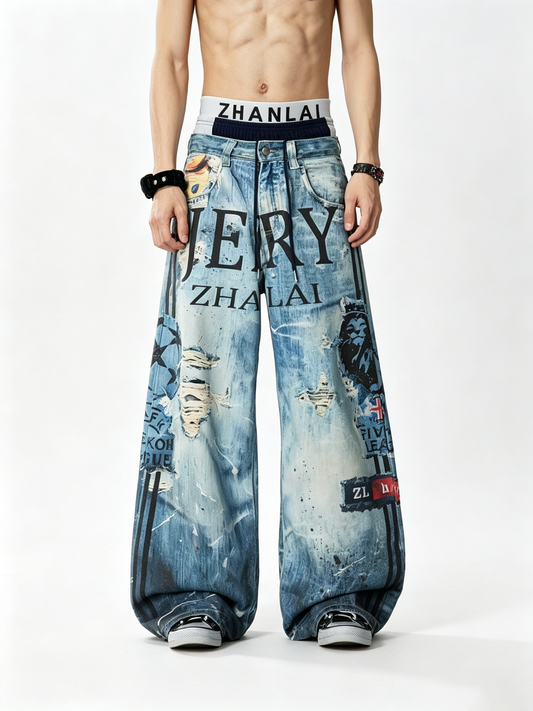Ace Jolun 【New Arrival】Triple‑Waistband 3D‑Print Street‑Sport Loose Wide‑Leg Pants