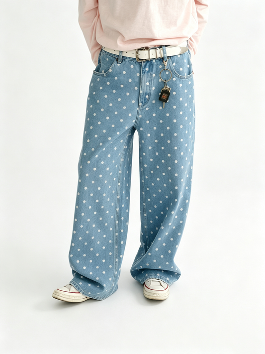 Ace Jolun Vintage Polka‑Dot Printed Washed‑Distressed Jeans