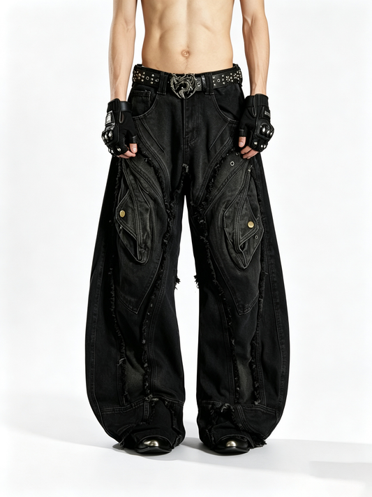Ace Jolun Heavy‑Duty Deconstructed Raw‑Edge Washed Distressed Wasteland‑Style Barrel‑Cut Pants