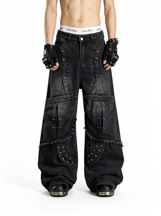 Ace Jolun Heavy‑Duty Alternative Dark Deconstructed Panel‑Cut Rivet Washed Distressed Loose Straight‑Leg Jeans
