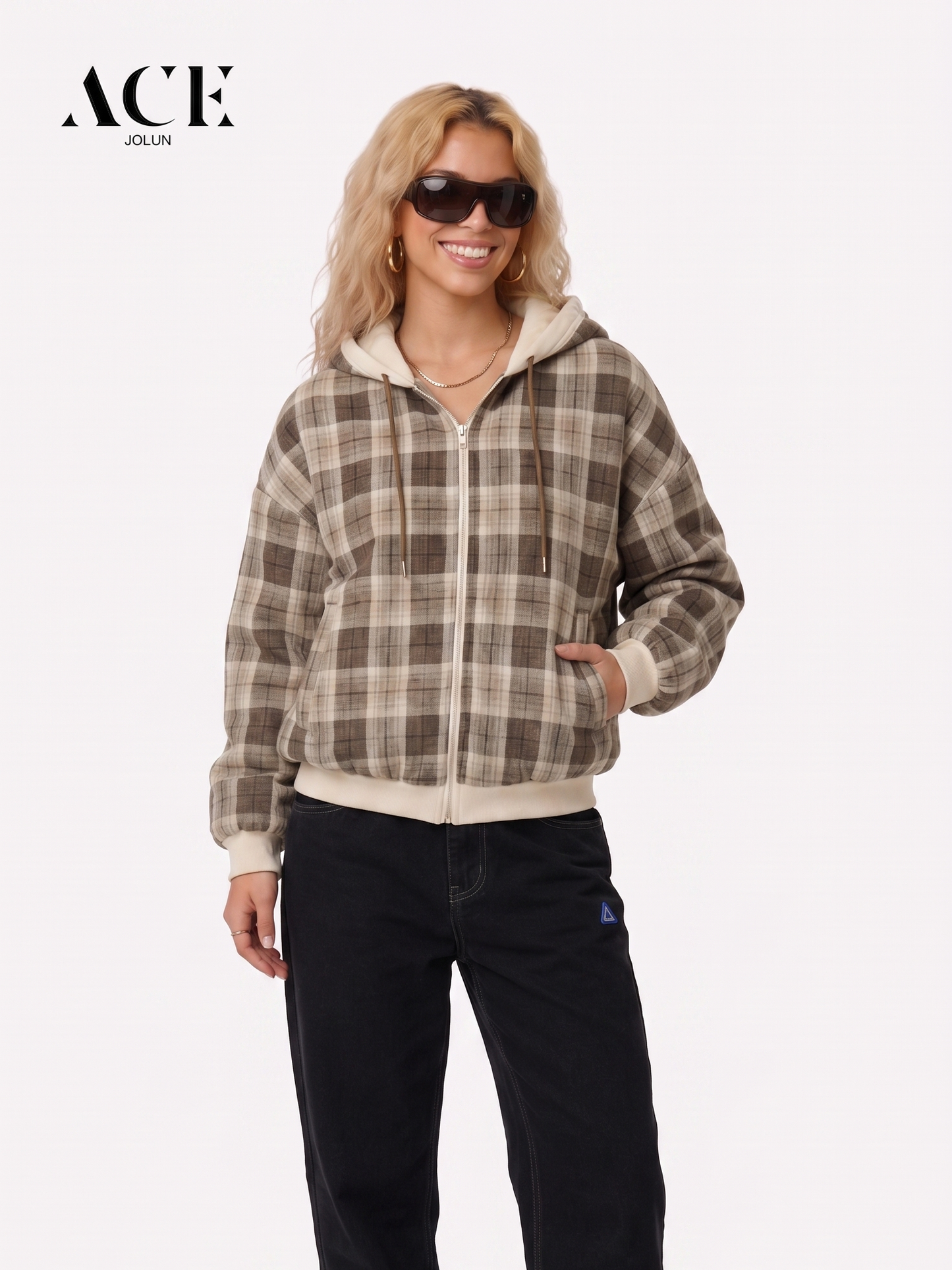 Tori Flowers Boxy Reversible Plaid Zip Up Hoodie